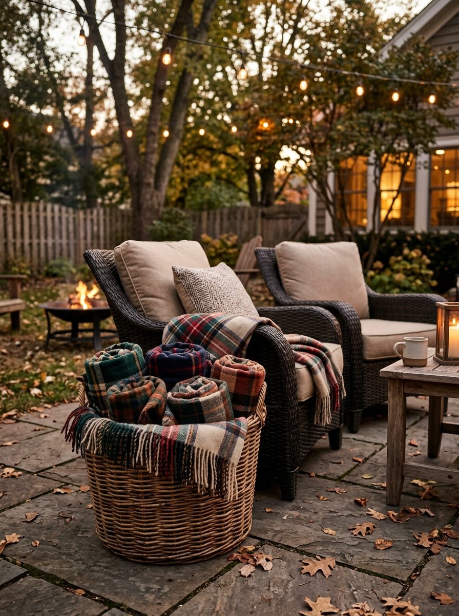 Basket of blankets on a patio