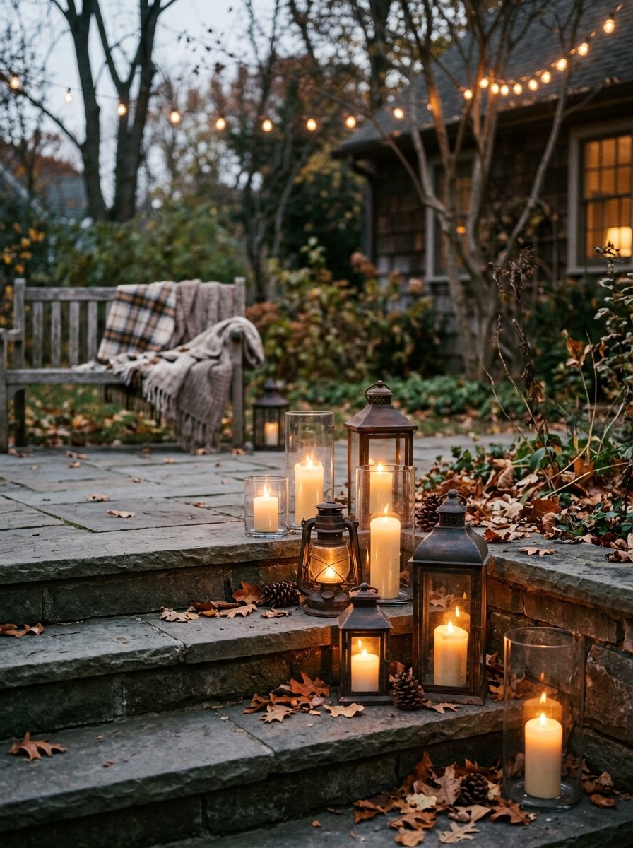 Lanterns and candles on a fall patio