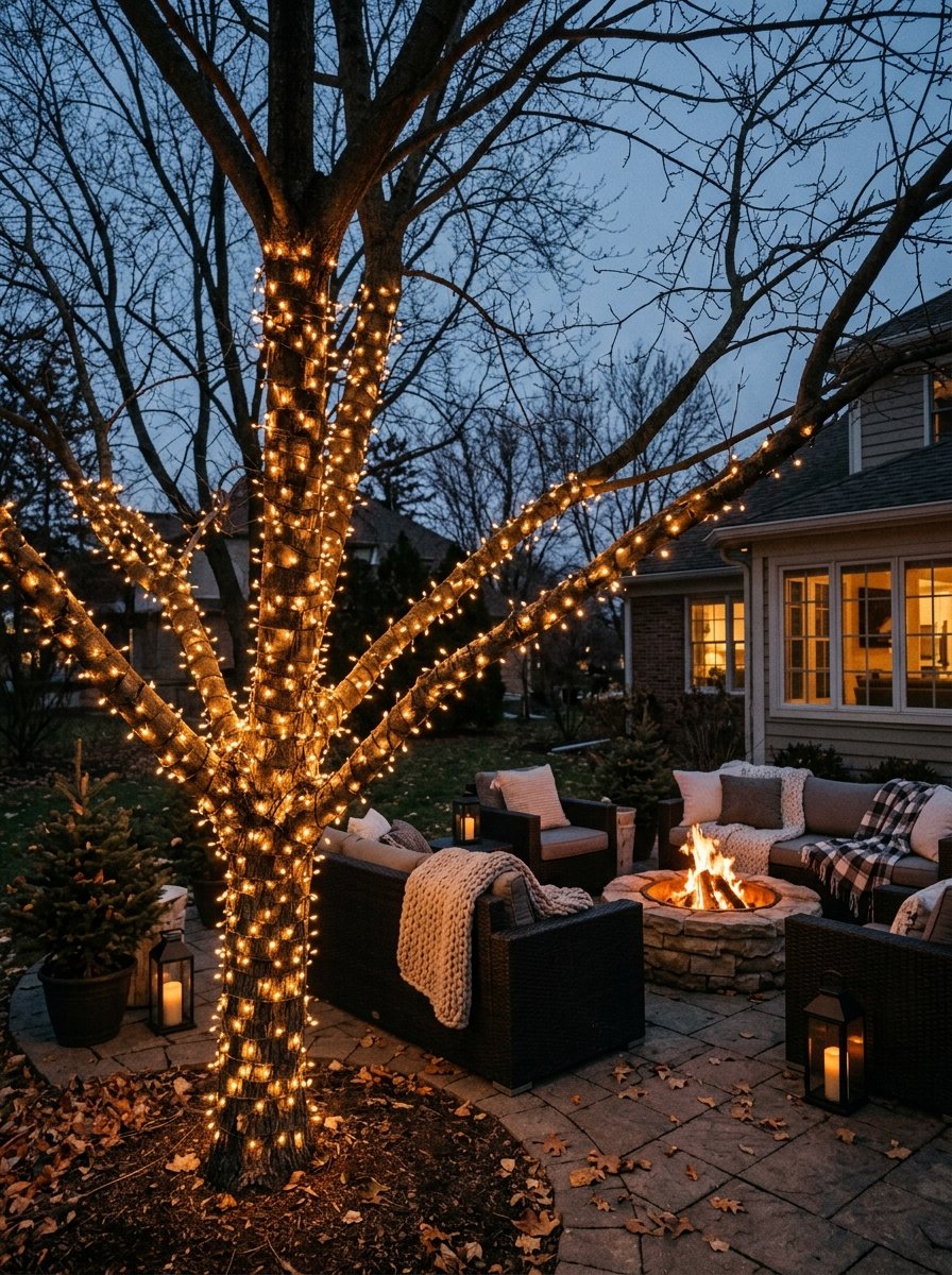 Trees wrapped with string lights