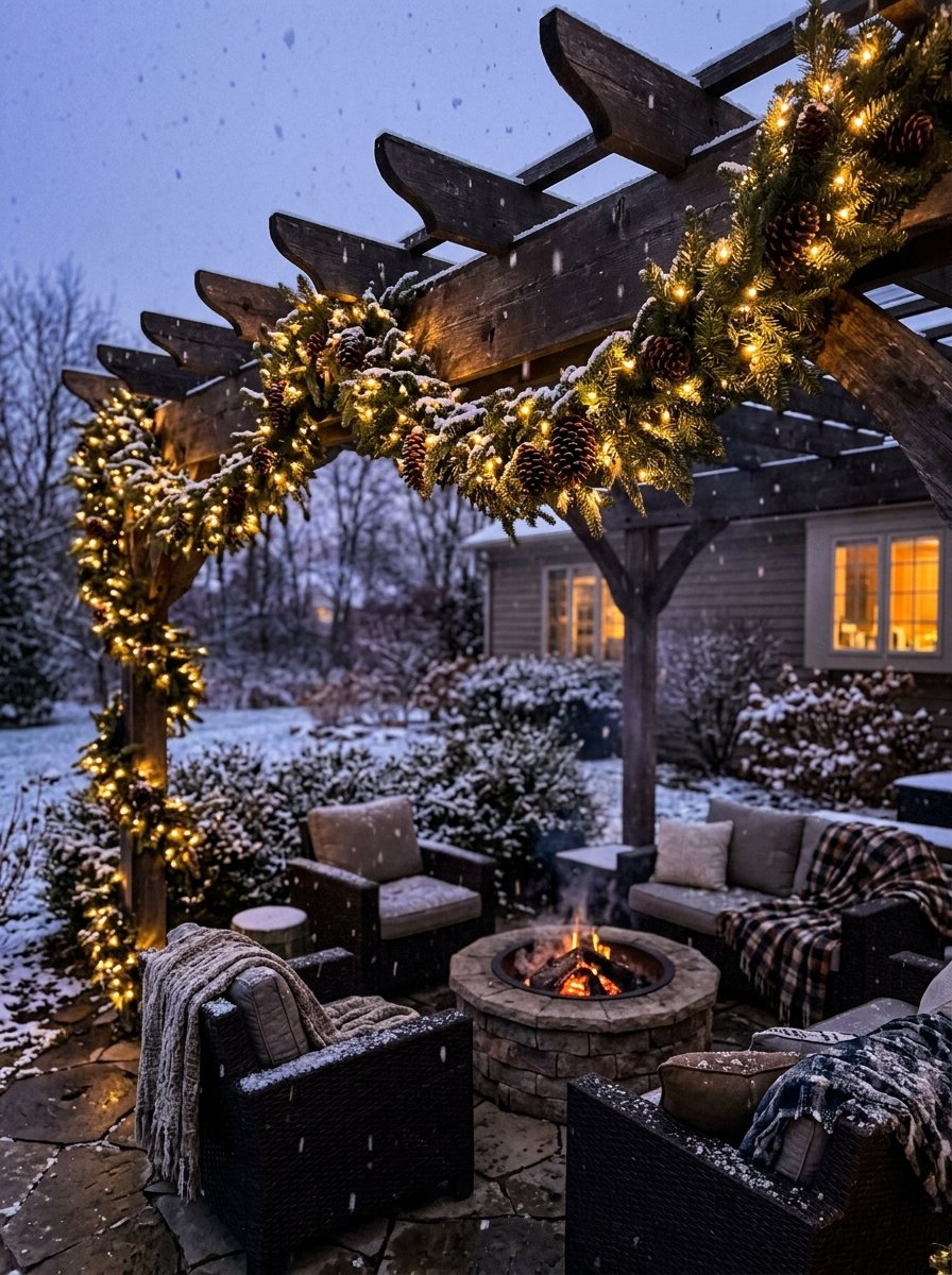 Evergreen garland with lights on a canopy