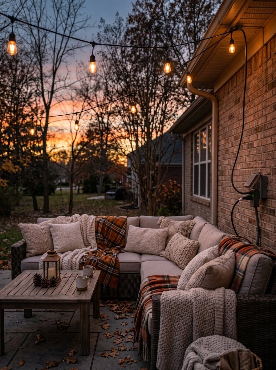 Outdoor string lights turning on at sunset
