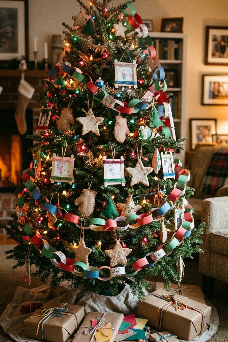 Handmade felt and salt dough ornaments on a tree