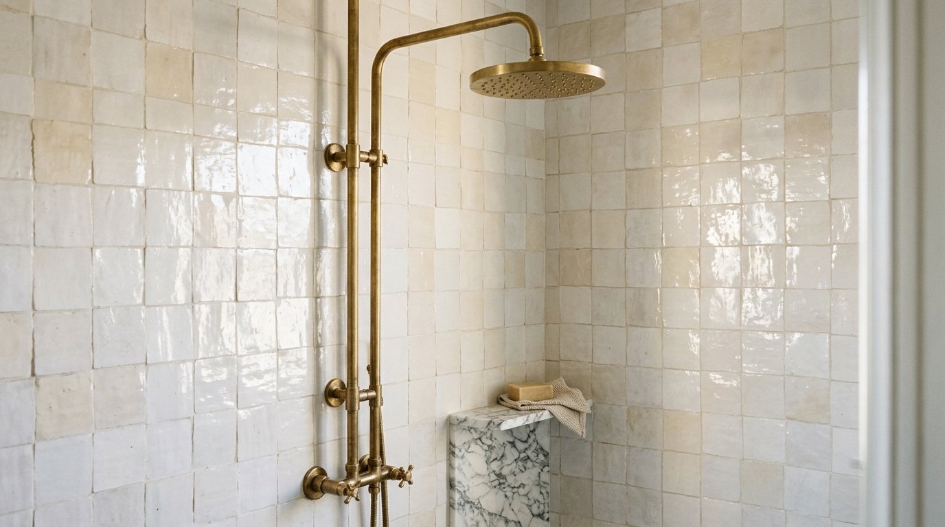 Handmade white zellige tile shower wall with brass fixtures catching natural light