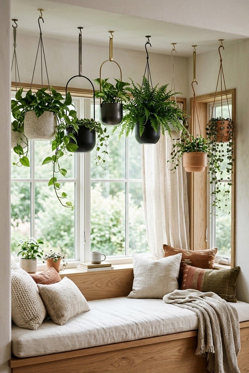 Hanging planters from ceiling hooks