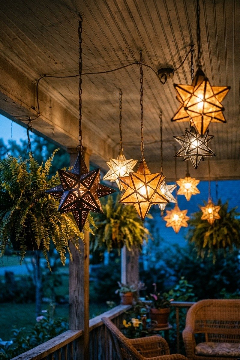 Glowing star lights hanging on a porch