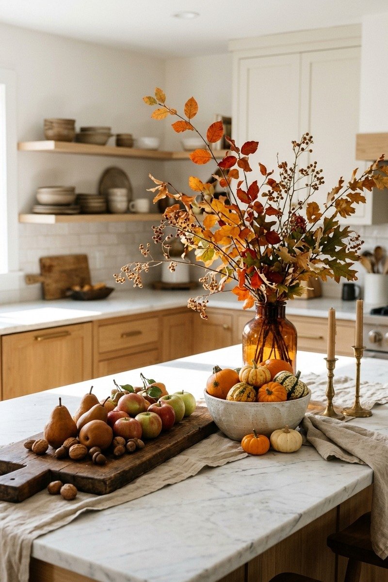Kitchen island decorated with pumpkins and apples