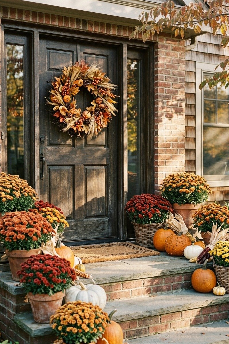 Harvest wreath on a front door for Thanksgiving