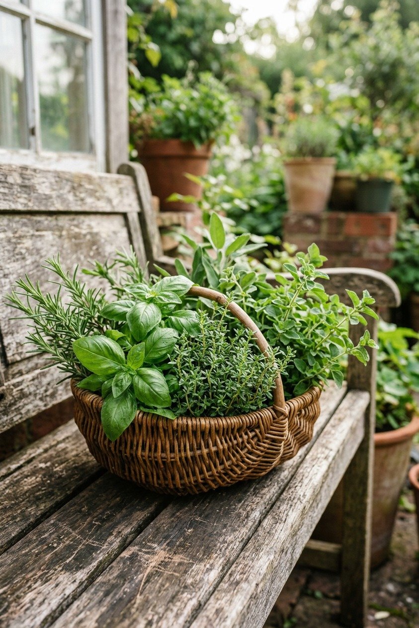Freshly harvested herbs in a basket