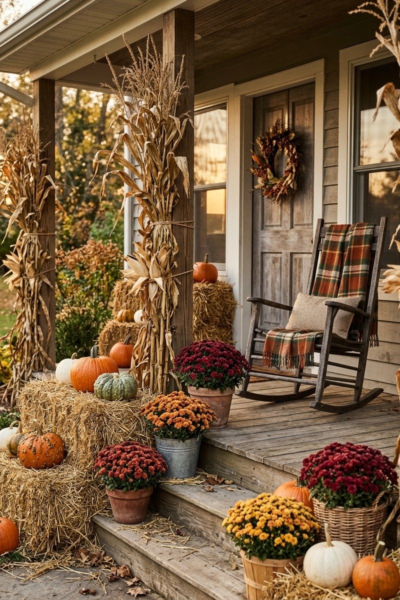 Porch with hay bales, corn stalks and pumpkins