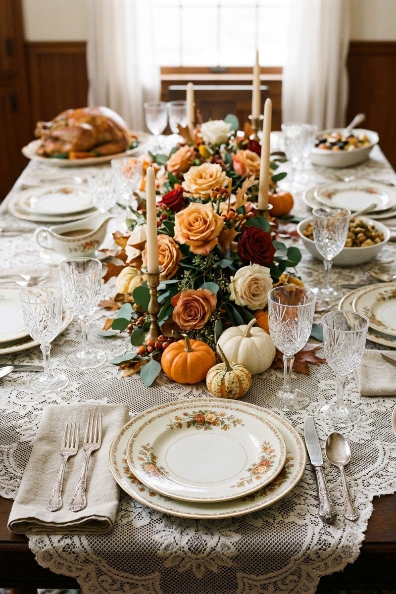 Vintage china and lace Thanksgiving table setting