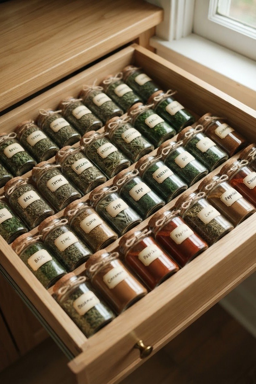 Labeled herb jars in a drawer