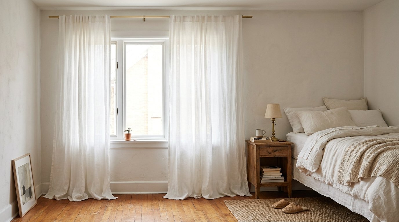 Floor-length linen curtains hung high and wide in a small bedroom