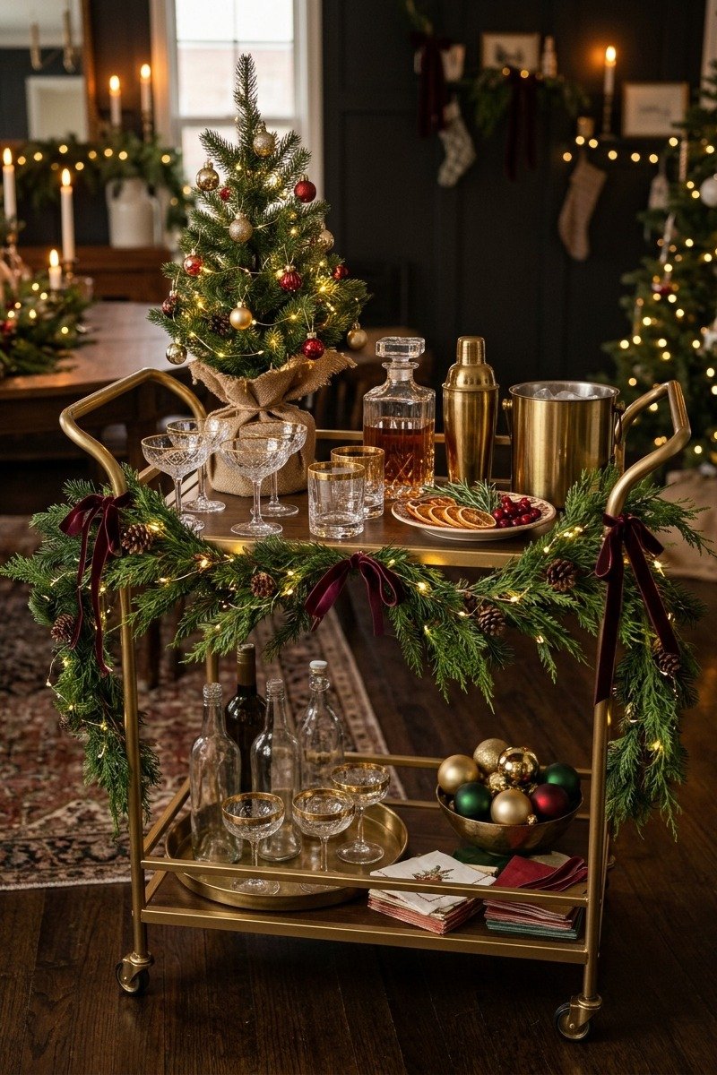 Christmas bar cart with cocktails