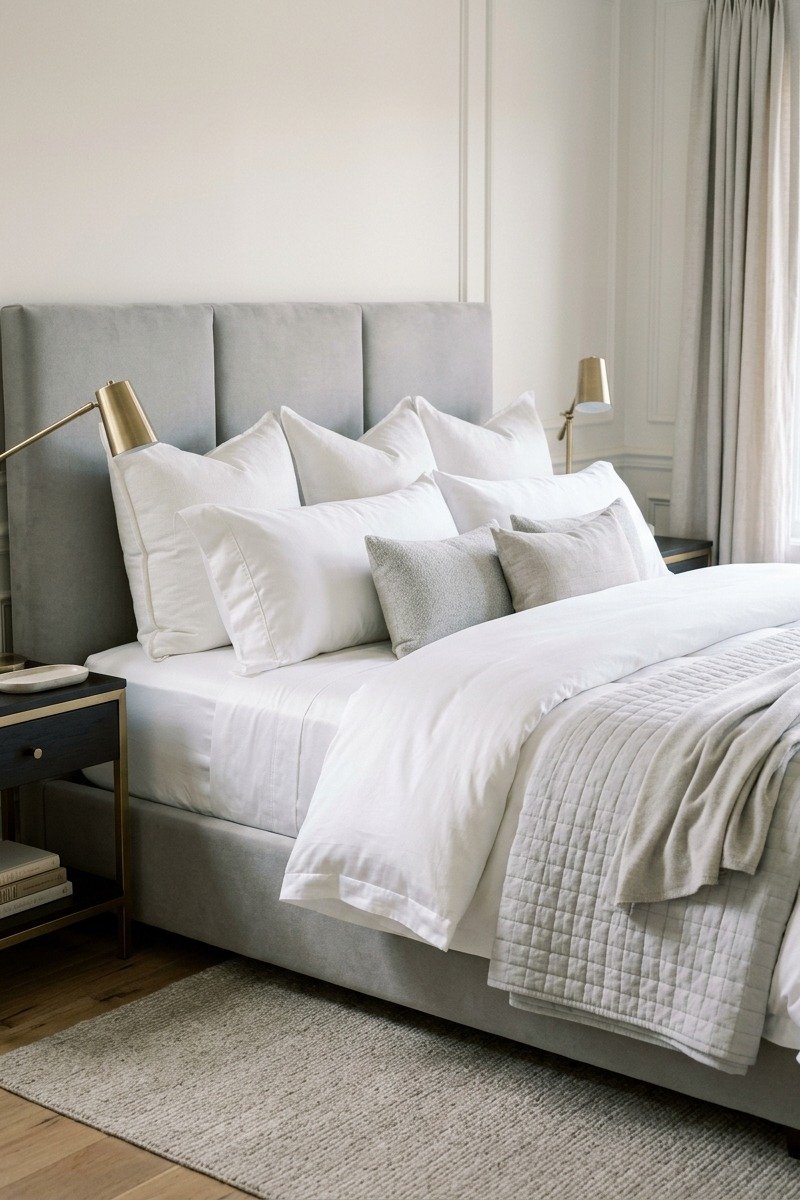 Hotel-style layered white bedding on a king bed