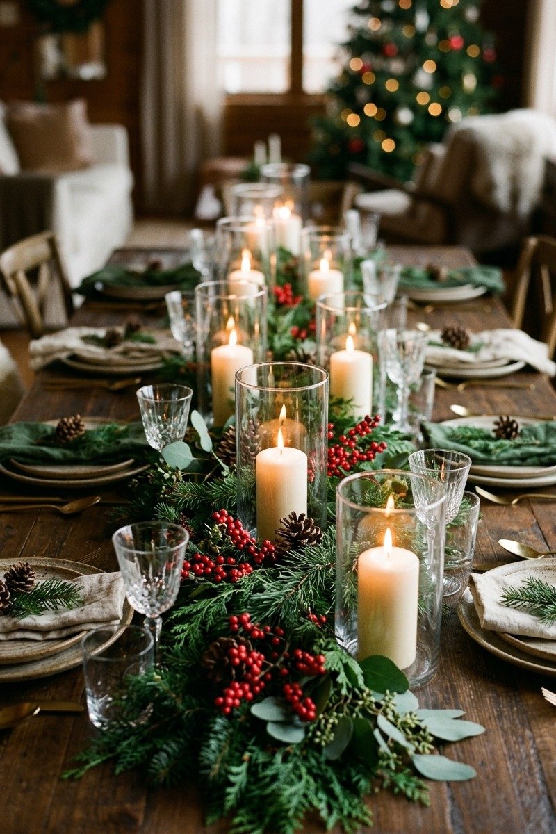 Glass hurricanes with candles and greenery