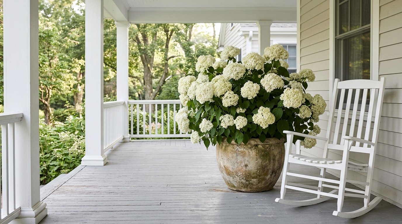 White hydrangea blooming in a large planter on a porch