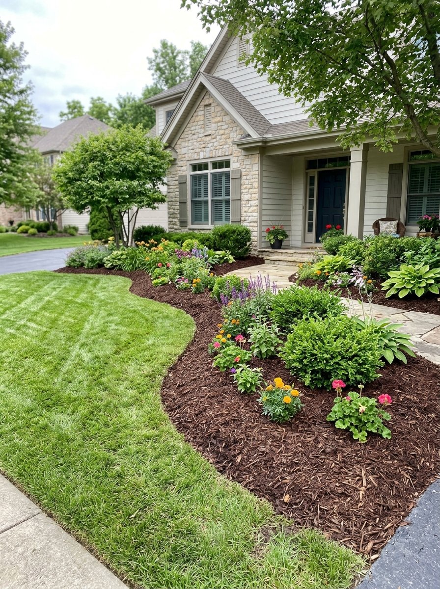 Fresh dark mulch in front yard garden beds