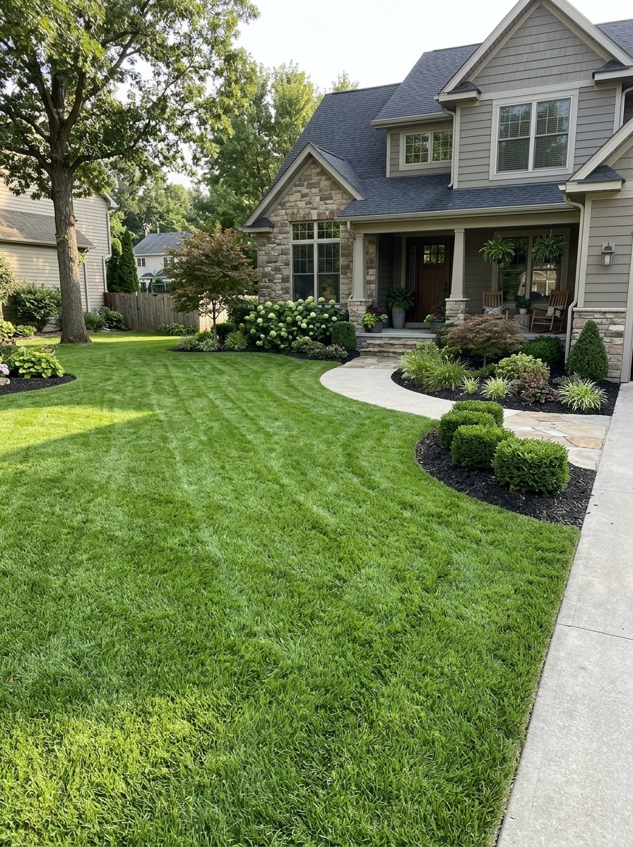 Thick green overseeded front lawn