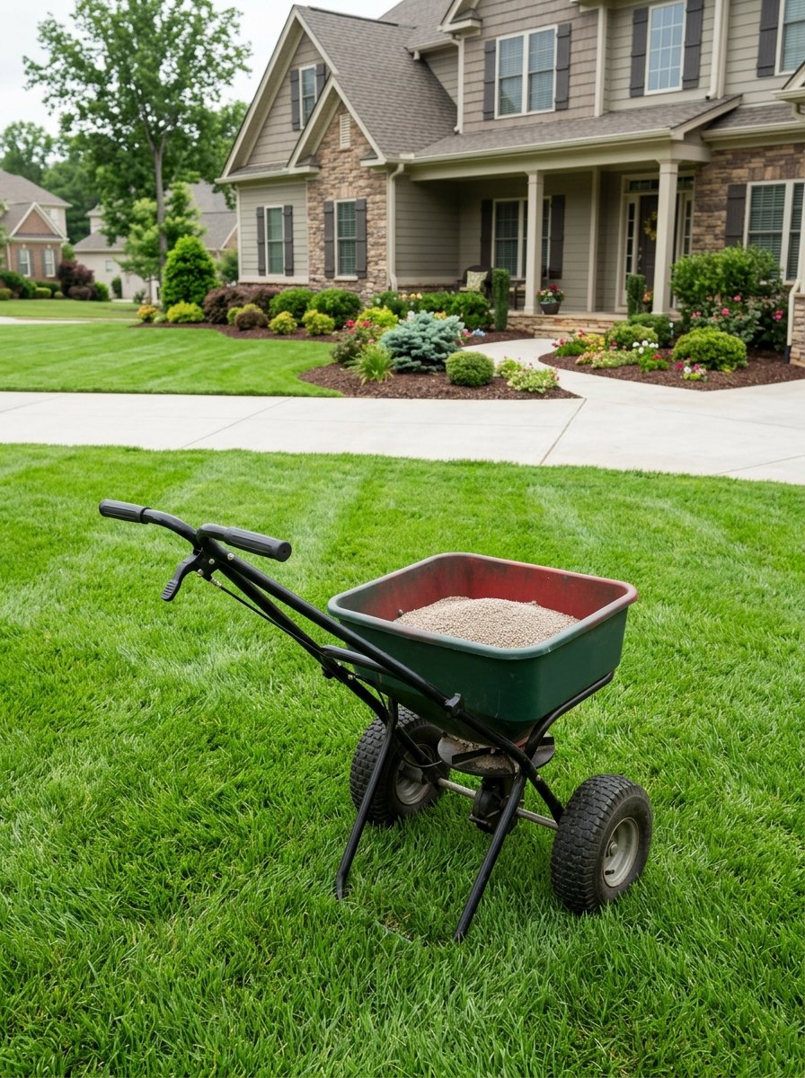 Broadcast spreader on a front lawn