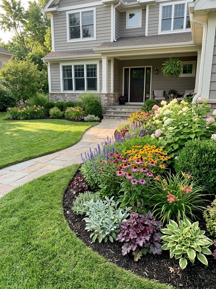 Curved flower bed along a front walkway