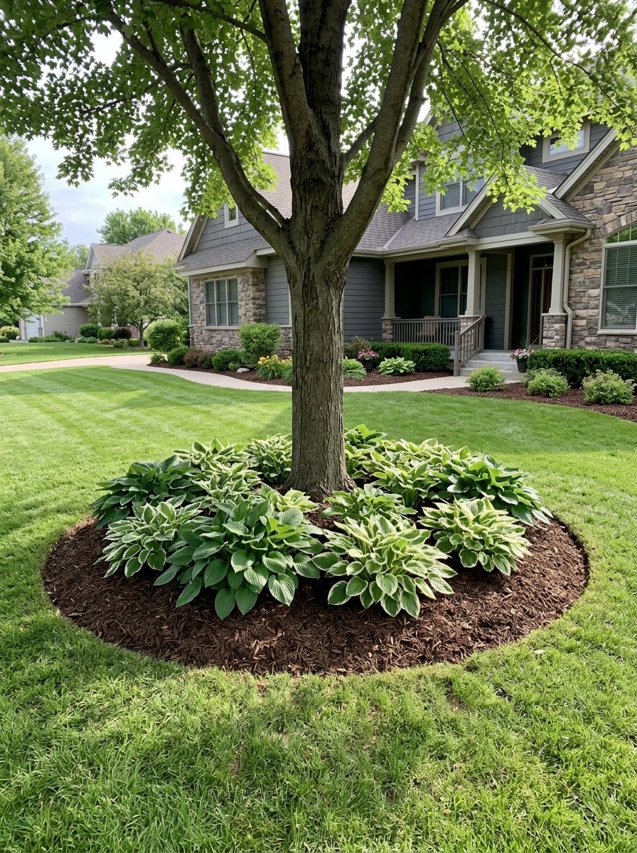 Mulched tree ring bed with hostas