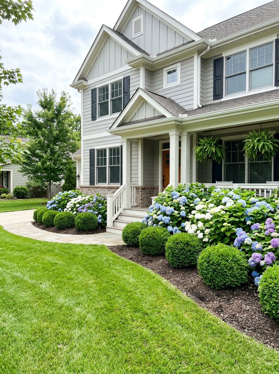 Foundation shrubs along the front of a house