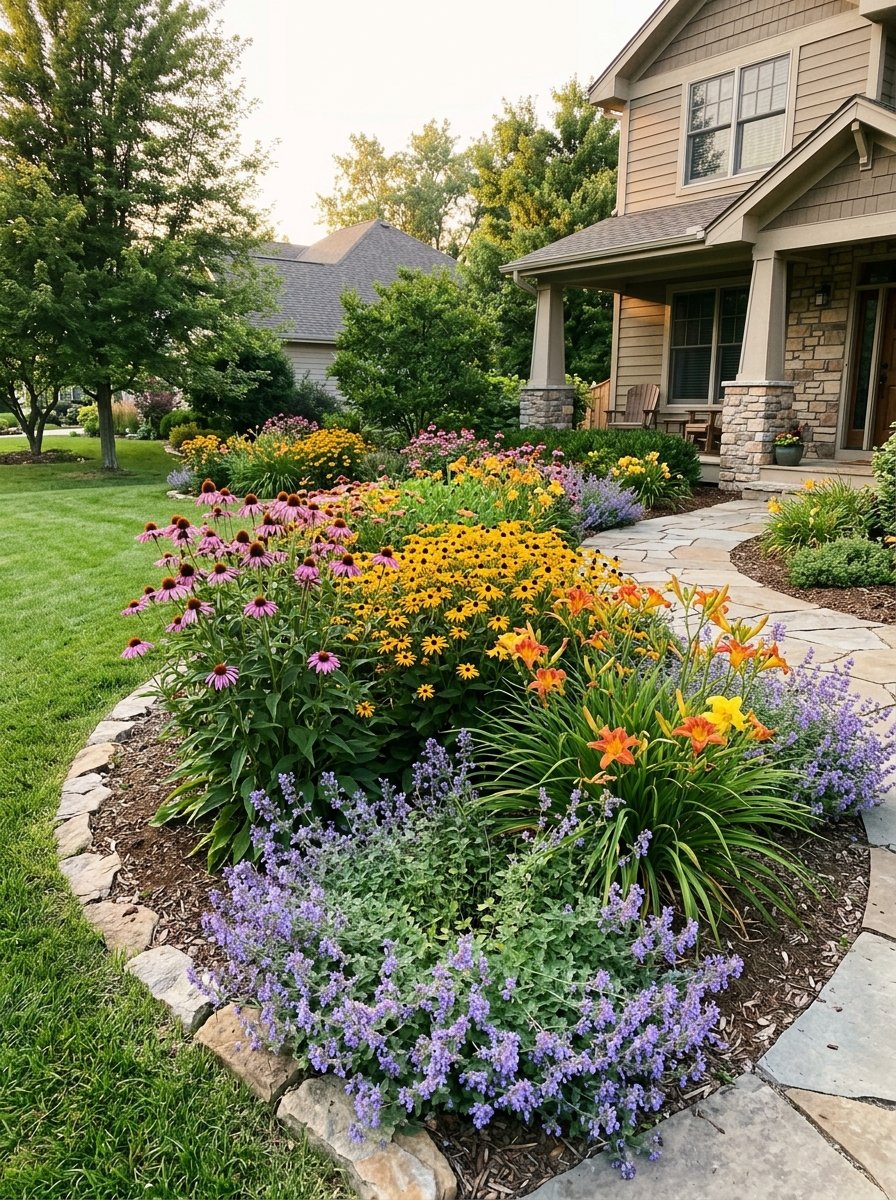 Perennial flower bed in a front yard