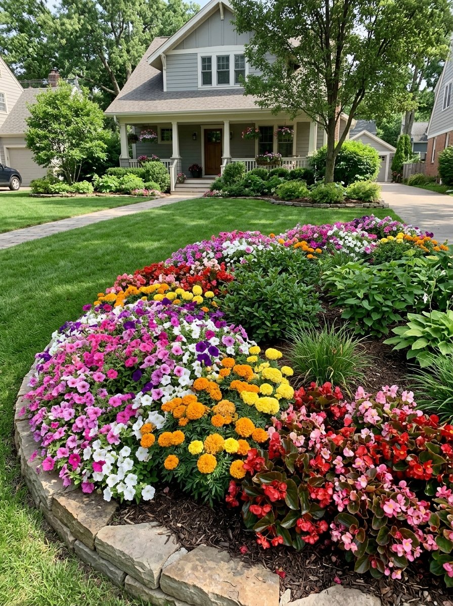 Colorful annuals in a front yard bed