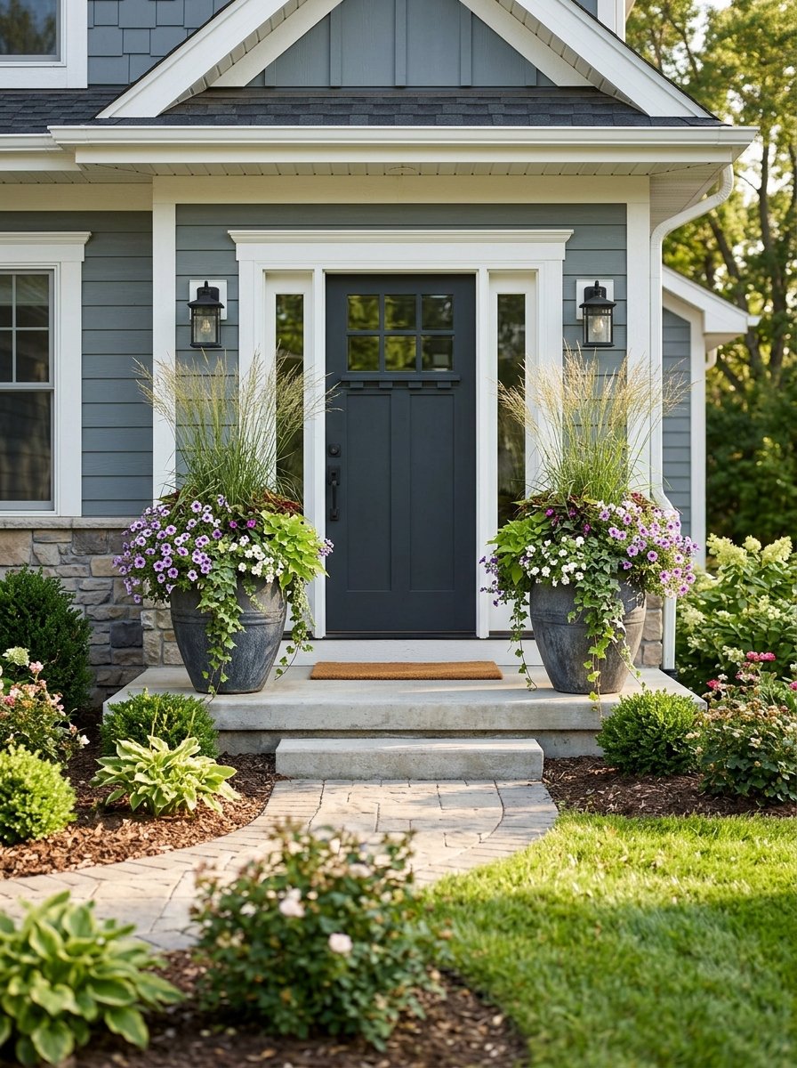 Large planters flanking a front door