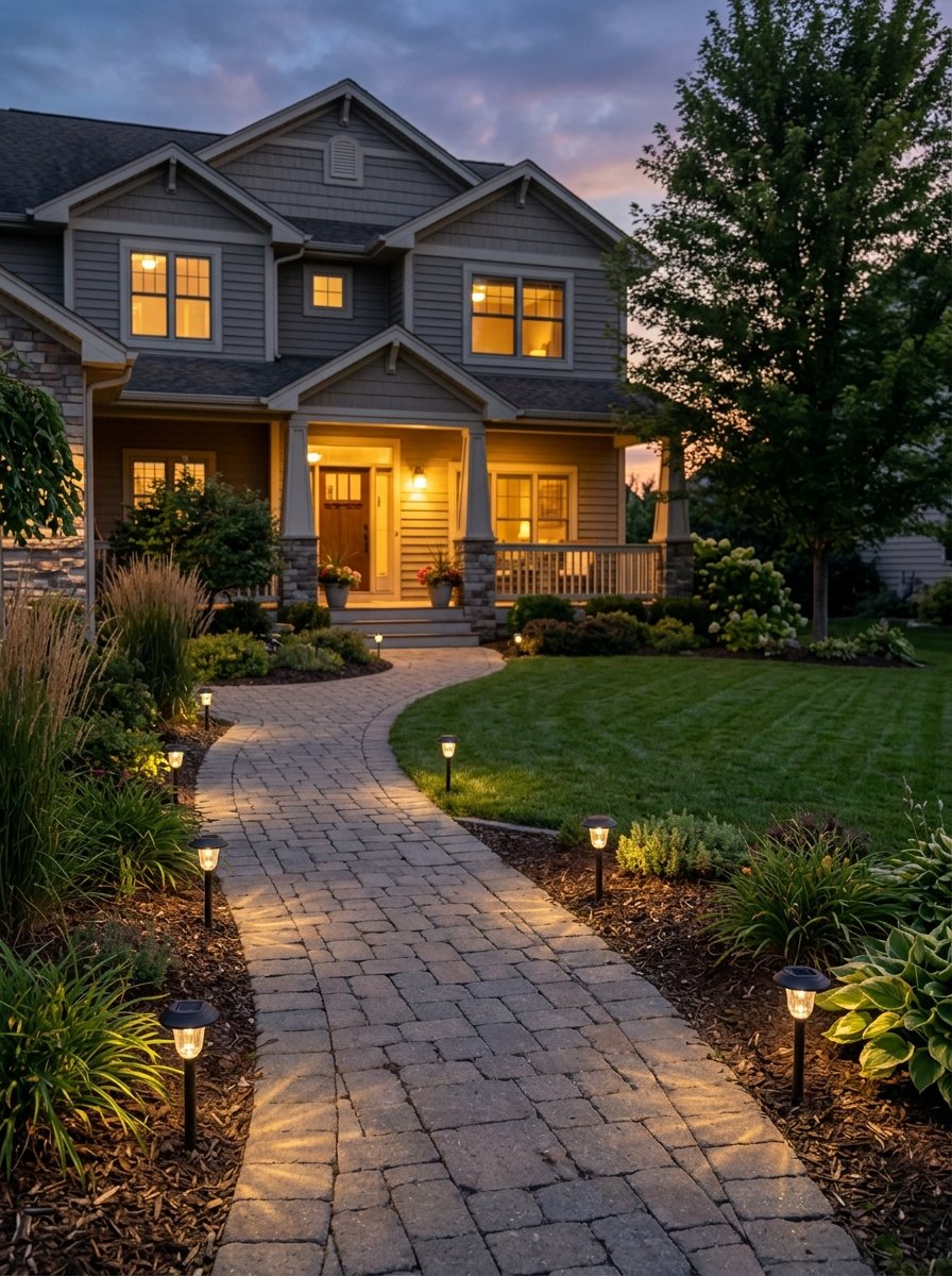 Solar path lights along a front walkway at dusk