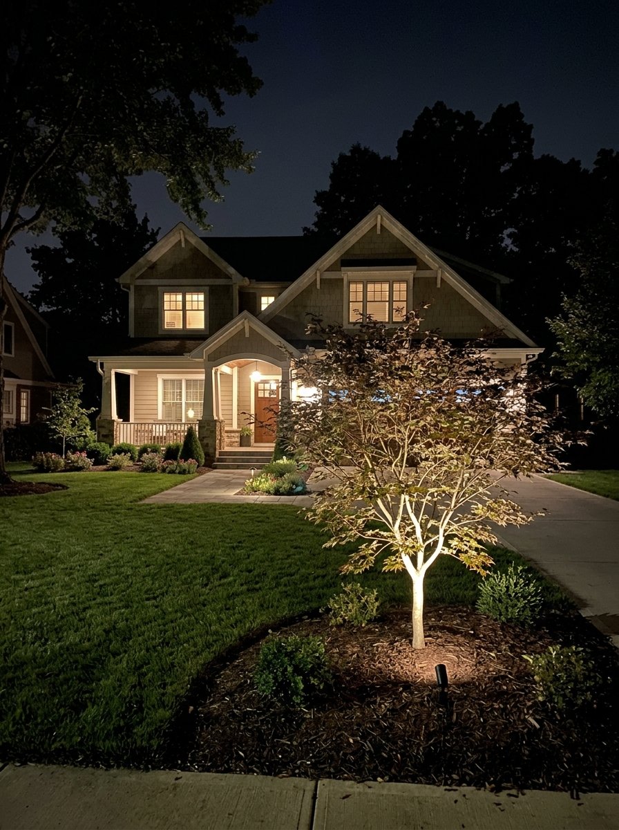 Uplit tree in a front yard at night
