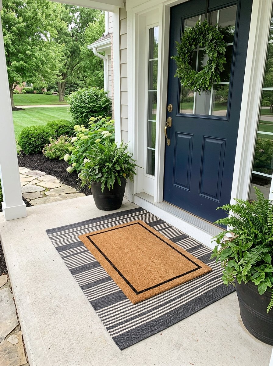 Layered doormat and outdoor rug at the front door