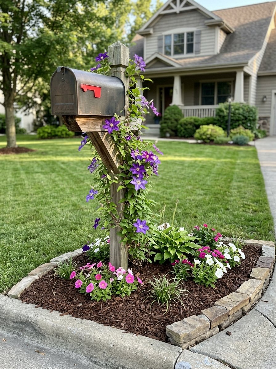 Flowers planted around a mailbox post