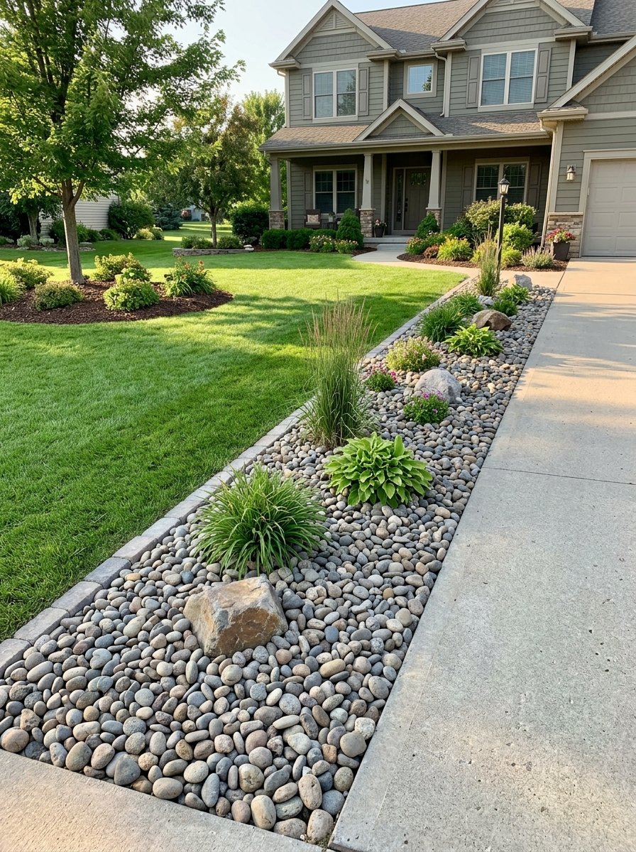 River rock bed along a driveway