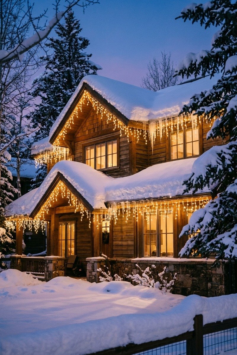 Icicle lights hanging from a roof