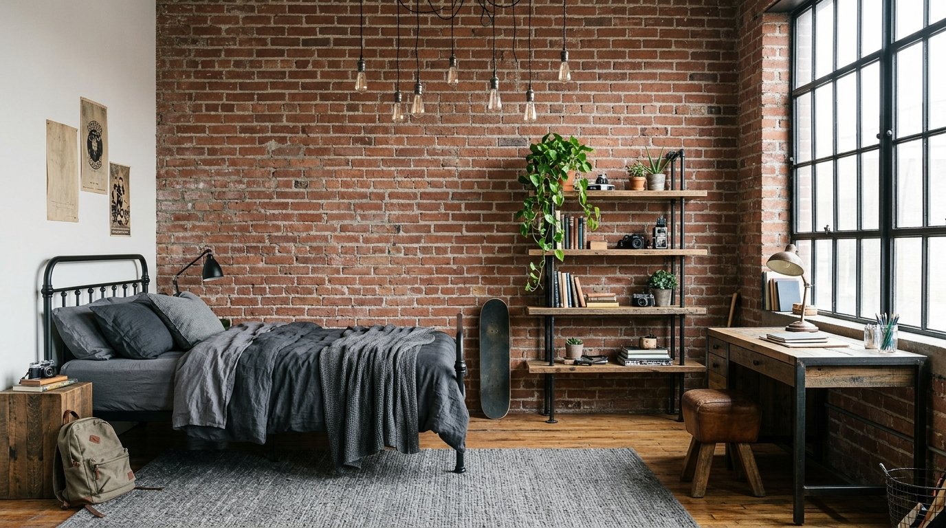 Industrial style teen boys bedroom with metal bed, reclaimed wood and exposed brick
