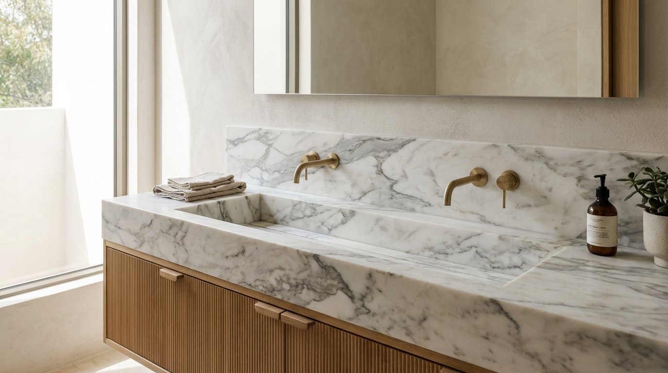 Integrated carved marble trough sink vanity with brass taps in a luxury bathroom