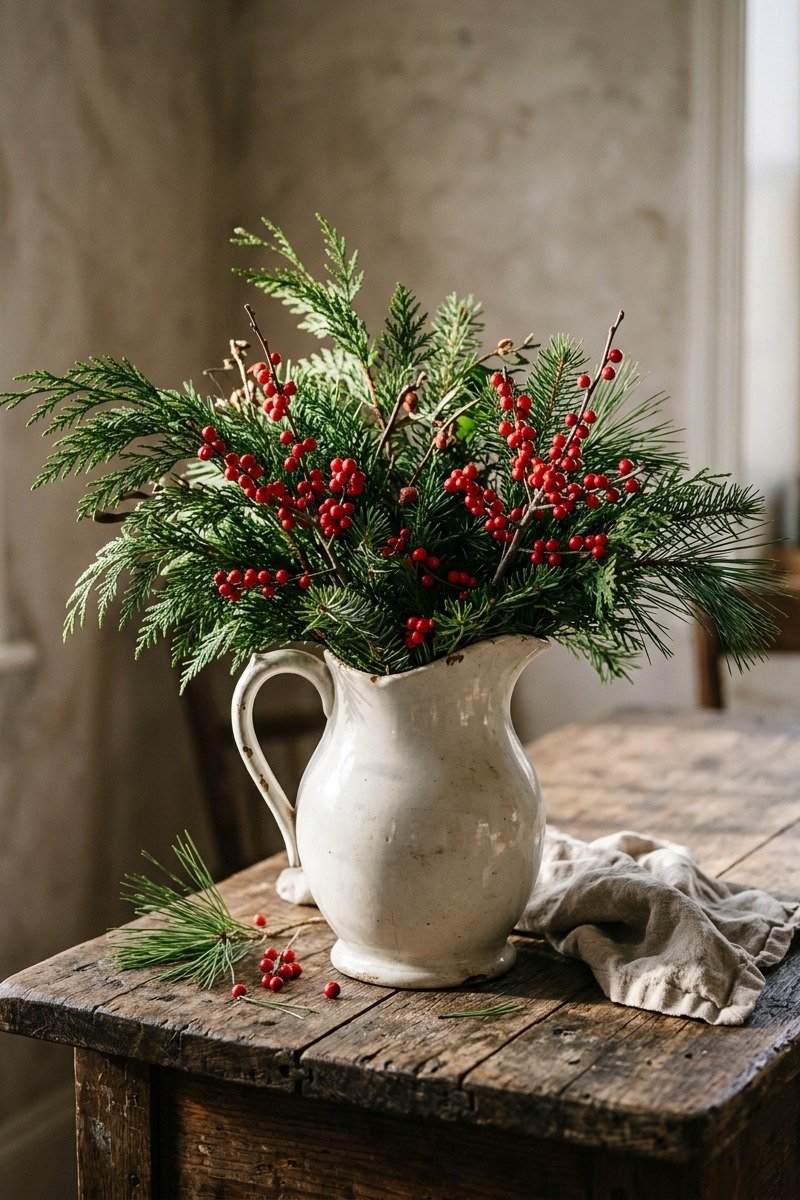 White ironstone pitcher with evergreen branches