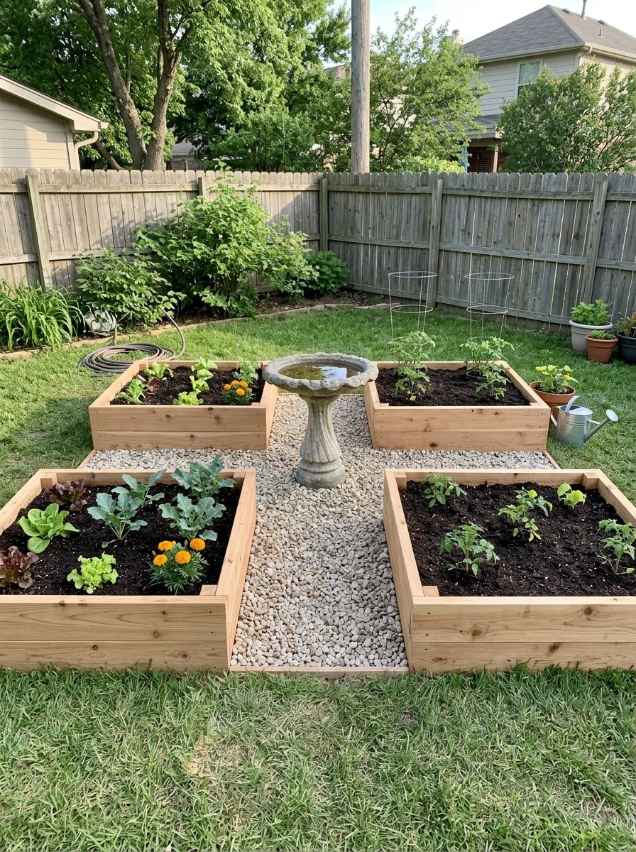 Four-square raised bed garden layout