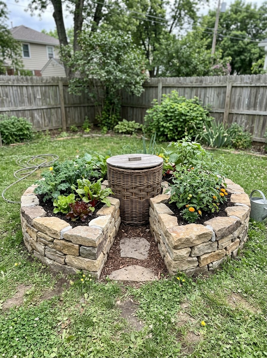 Keyhole garden bed with compost basket