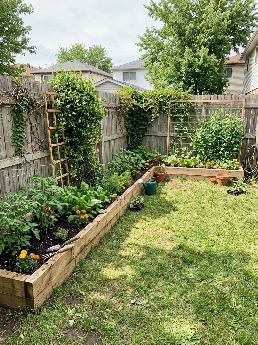 Border garden beds along a fence