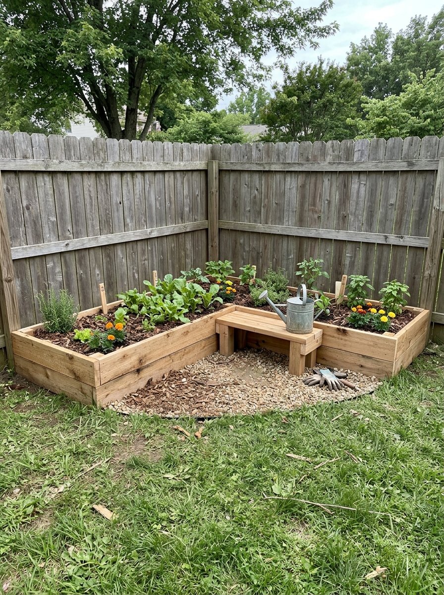 L-shaped corner garden with bench