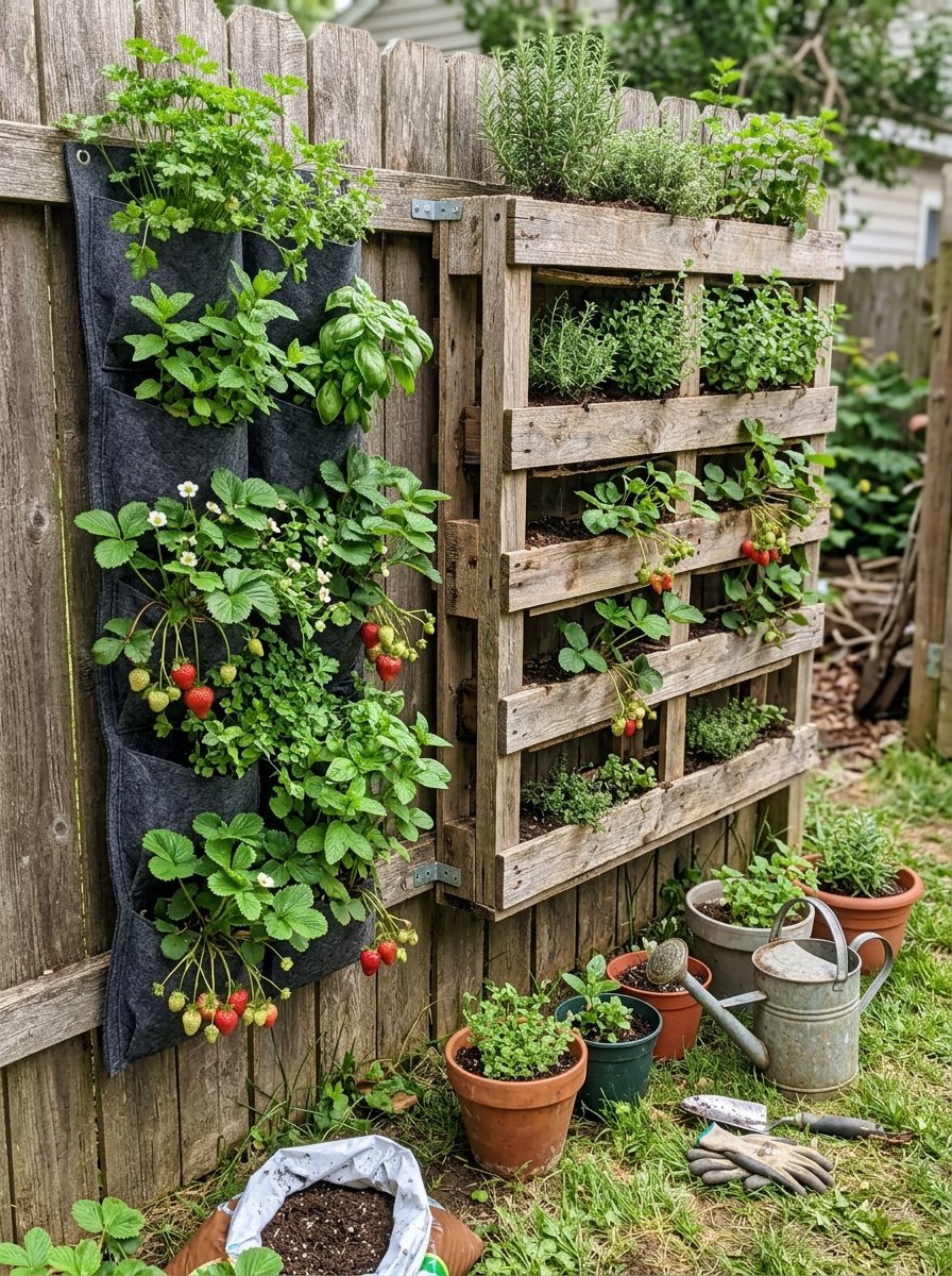 Vertical garden wall on a fence