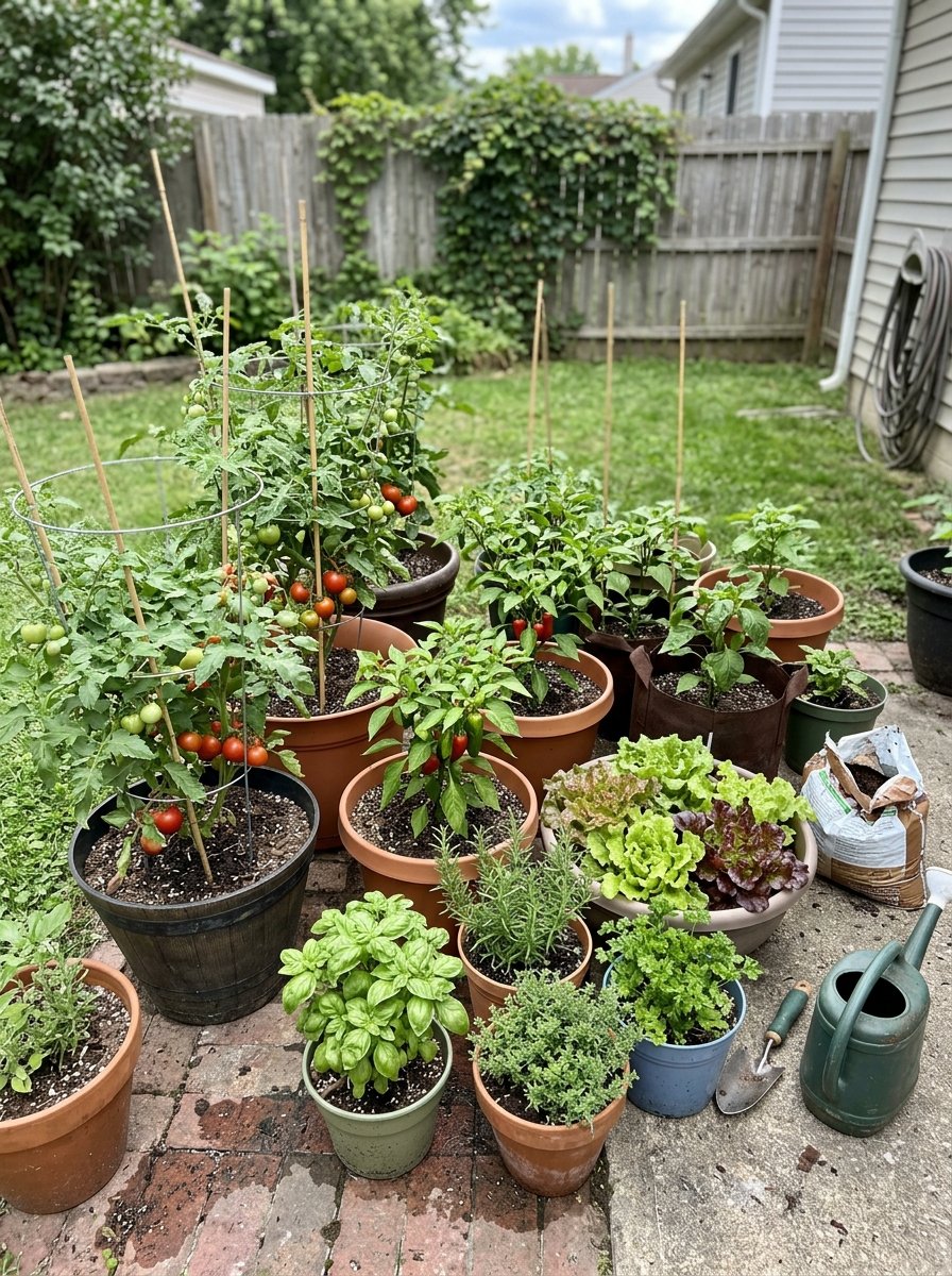 Container vegetable garden on a patio