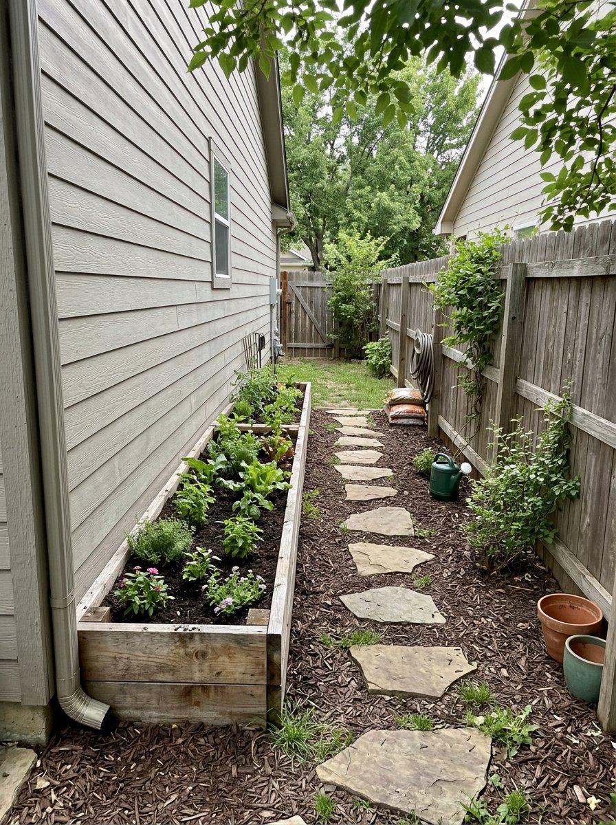 Narrow side yard garden with stepping stones