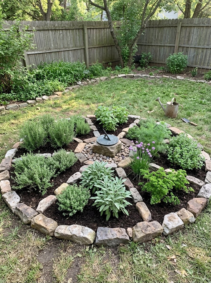 Circular herb garden with wedge sections