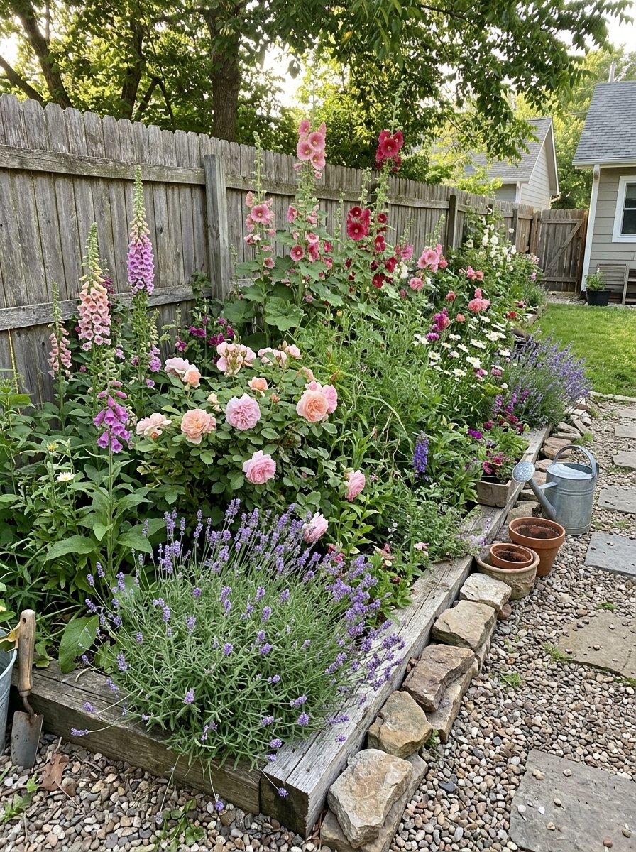 Cottage garden bed with roses and foxgloves