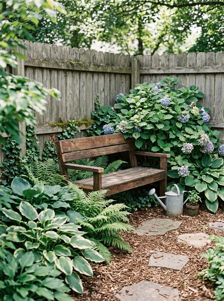 Shade garden corner with hostas and ferns