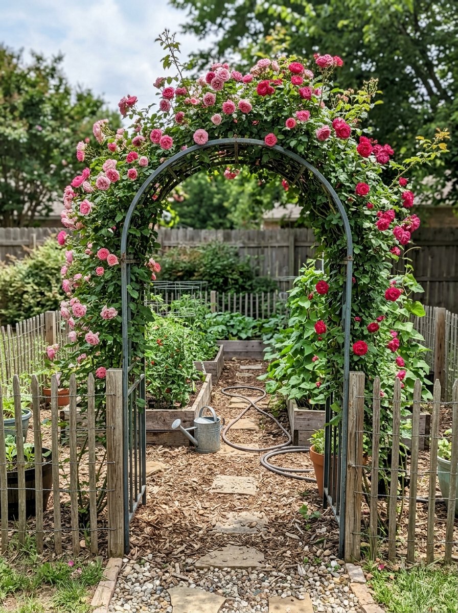 Metal arch trellis with climbing roses