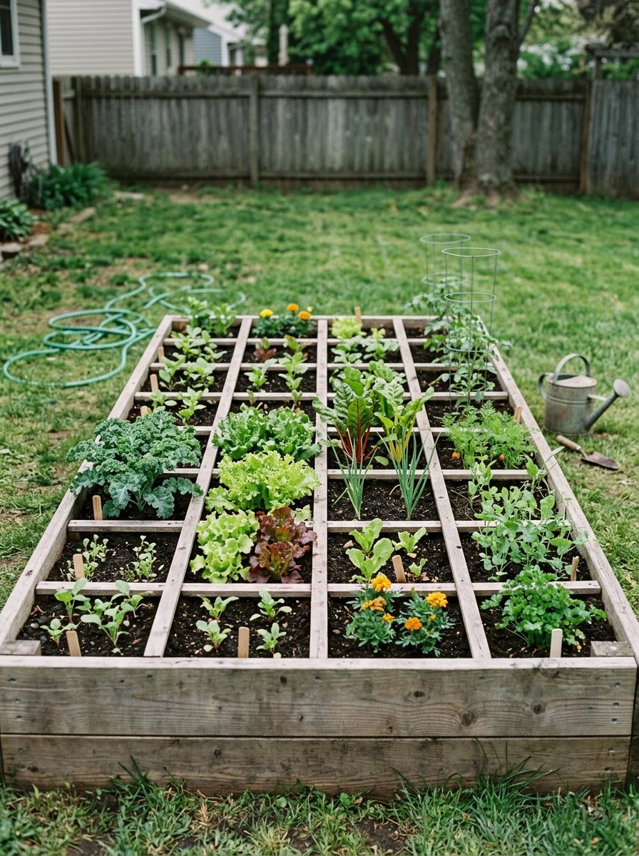 Square foot garden raised bed with grid